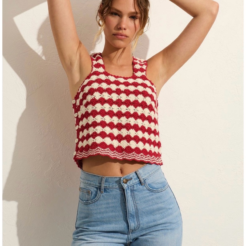 Auguste The Label Red and Cream Crochet Crop Top